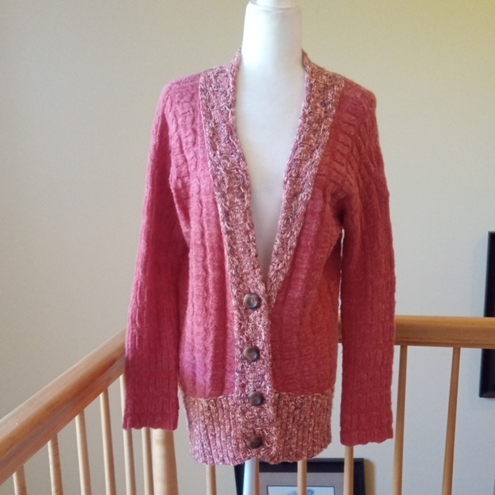 Free People Peachy-PinkTextured Cotton Blend Sweater Cardigan